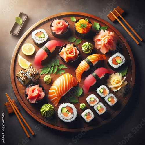 Elegance on Wood, A Symphony of Sushi Rolls Presented on a Rustic Wooden Tray