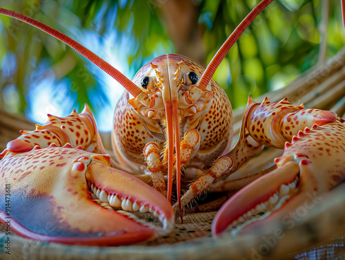 A close up of a lobster with its mouth open. The lobster is orange and white with red spots photo