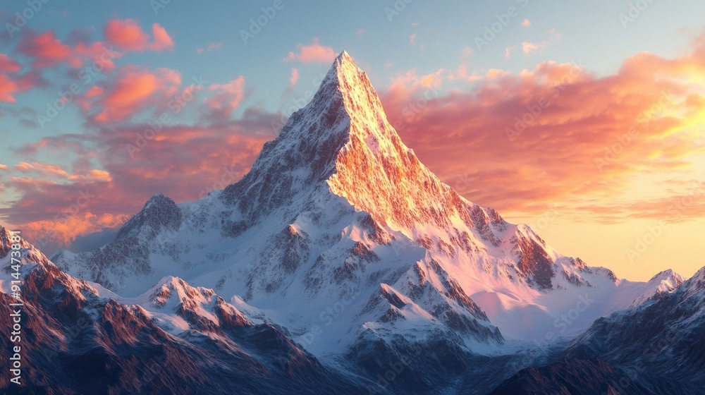 Mountain peak draped in snow glows under the warm hues of sunset, surrounded by rugged terrain and soft clouds in a serene winter atmosphere Mountain peak draped in snow glows under the warm hues of sunset, surrounded by rugged terrain and soft clouds in a serene winter atmosphere