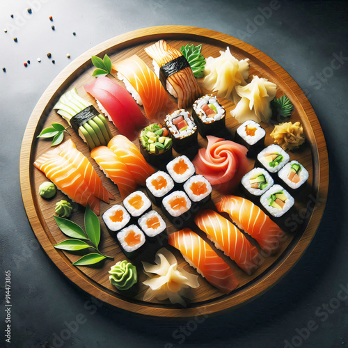 Sushi Rolls Extravaganza, A Gourmet Presentation on a Handcrafted Wooden Tray
