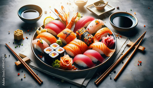 A Diverse Selection of Rolls and Nigiri on a Japanese Tray