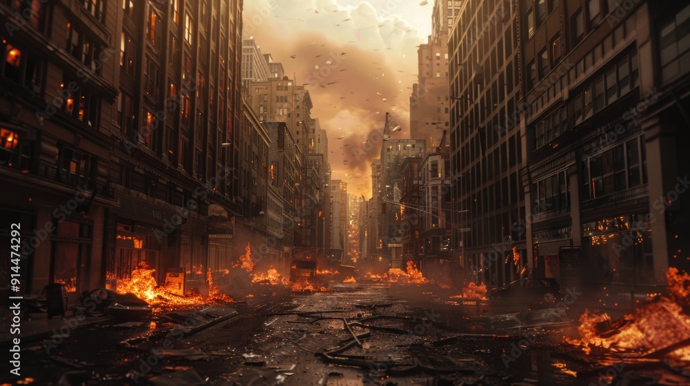 Naklejka premium Photorealistic Burned City Street with No Life, Apocalyptic Scene