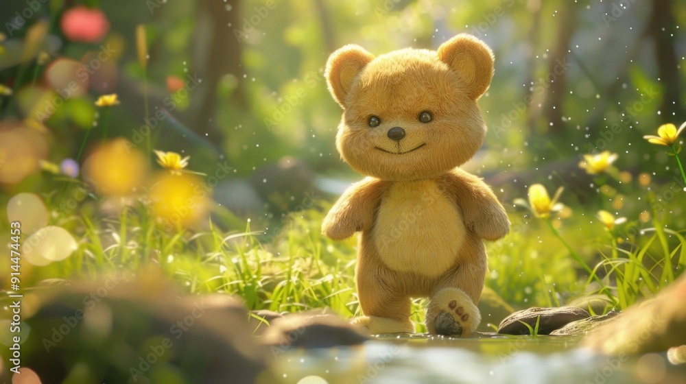 Cute Adorable Whimsical 3D Cartoon Baby Bear Character in a Vibrant Natural Green Environment, Children-Friendly Fantasy Style Cute Adorable Whimsical 3D Cartoon Baby Bear Character in a Vibrant Natural Green Environment, Children-Friendly Fantasy Style
