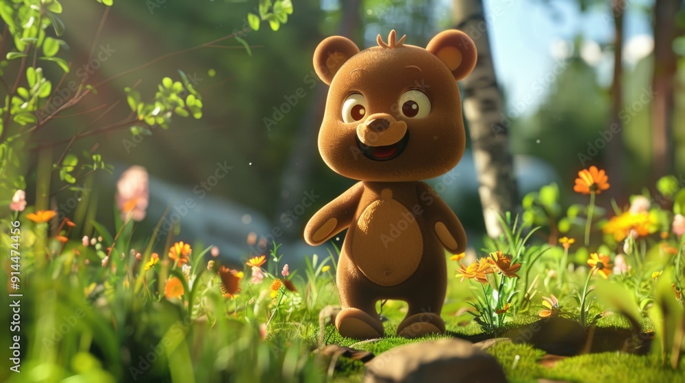 Cute Adorable Whimsical 3D Cartoon Baby Bear Character in a Vibrant Natural Green Environment, Children-Friendly Fantasy Style Cute Adorable Whimsical 3D Cartoon Baby Bear Character in a Vibrant Natural Green Environment, Children-Friendly Fantasy Style