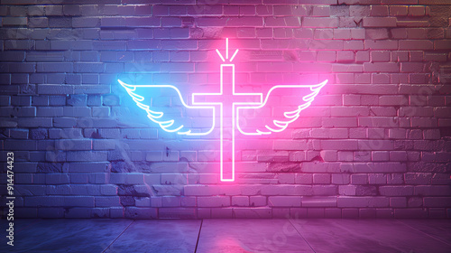Neon glowing cross with wings on brick wall background religion faith spirituality hope concept