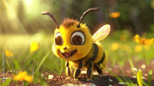 Cute Adorable Whimsical 3D Cartoon Bee Character in a Vibrant Natural Green Environment, Children-Friendly Fantasy Style