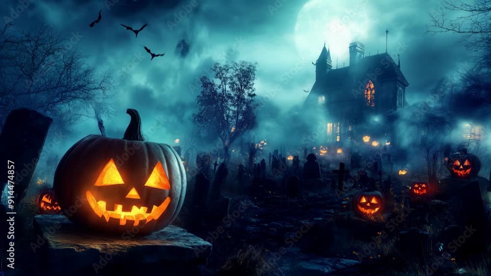Jack O' Lanterns in a Haunted Graveyard on a Spooky Night Jack O' Lanterns in a Haunted Graveyard on a Spooky Night
