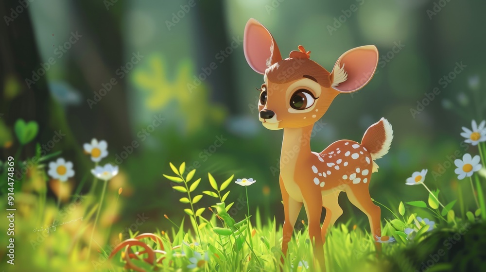 Cute Adorable Whimsical 3D Cartoon Baby deer Character in a Vibrant Natural Green Environment, Children-Friendly Fantasy Style Cute Adorable Whimsical 3D Cartoon Baby deer Character in a Vibrant Natural Green Environment, Children-Friendly Fantasy Style