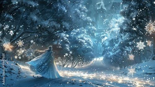 An enchanting illustration of a snow queen riding a sleigh pulled by magical snowflakes through an icy forest  photo