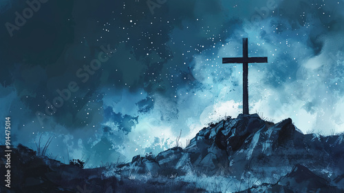 Christian cross starry sky night landscape faith religion hope god jesus christ spiritual belief symbol religious easter good friday holy week christianity mountain top
