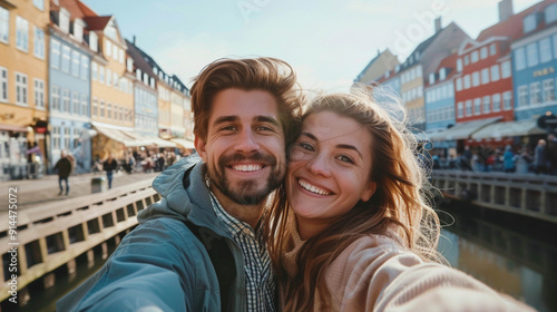 Smiling couple taking a selfie in Copenhagen with Nyhavn canal on the background, Denmark, Northern Europe