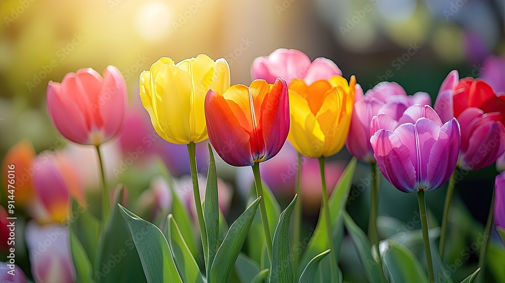 Vibrant tulips of different colors in a garden bed, providing a lively and cheerful background with plenty of space for text. Vibrant tulips of different colors in a garden bed, providing a lively and cheerful background with plenty of space for text.