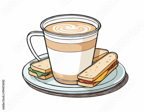 Latte and sandwich. Hand drawn outline sketch vector illustrationt with color fills isolated on white background
 photo