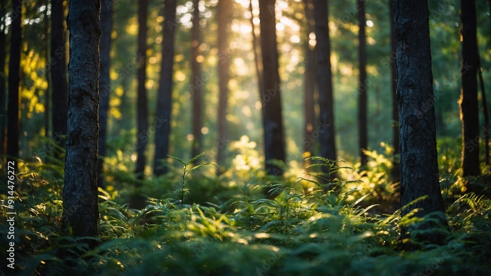 Forest landscape with trees and golden hour sunlight Forest landscape with trees and golden hour sunlight