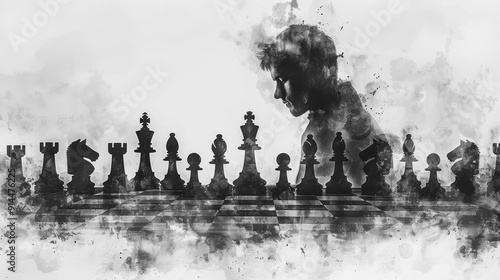 Chess Player and Pieces in Grunge Illustration.