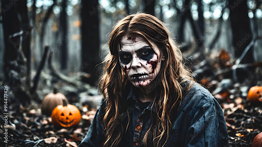 Female Zombie in Haunted Forest - Chilling Halloween Portrait with Jack-o'-Lanterns Female Zombie in Haunted Forest - Chilling Halloween Portrait with Jack-o'-Lanterns