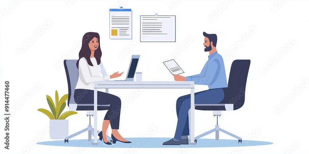 Digital Illustration of Happy Young Businesswoman Manager at Desk: Engaging with Male Customer While Holding Paper in Modern Office, Ideal for Web Design or Advertising Banner with Copy Space Digital Illustration of Happy Young Businesswoman Manager at Desk: Engaging with Male Customer While Holding Paper in Modern Office, Ideal for Web Design or Advertising Banner with Copy Space