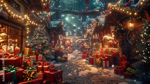 Energetic elves wrapping shimmering gifts under the glow of a starlit sky, their workshop adorned with festive ribbons and sparkling ornaments  photo