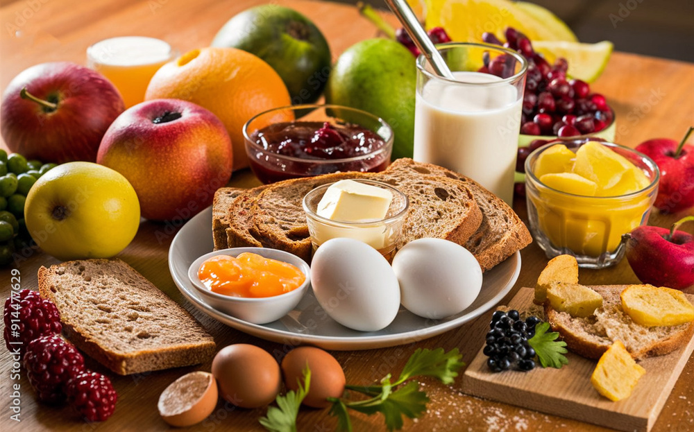 Breakfast with bread, butter, jam, fruit, eggs and milk Breakfast with bread, butter, jam, fruit, eggs and milk