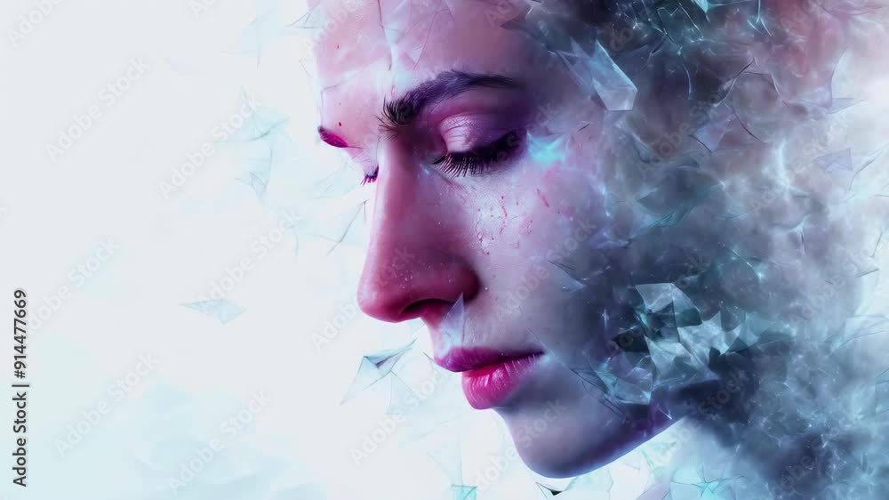 A young person's face is enveloped by colorful, translucent geometric patterns, creating an ethereal and dreamy visual. The soft light and intricate design impart a surreal mood. The artwork blurs A young person's face is enveloped by colorful, translucent geometric patterns, creating an ethereal and dreamy visual. The soft light and intricate design impart a surreal mood. The artwork blurs