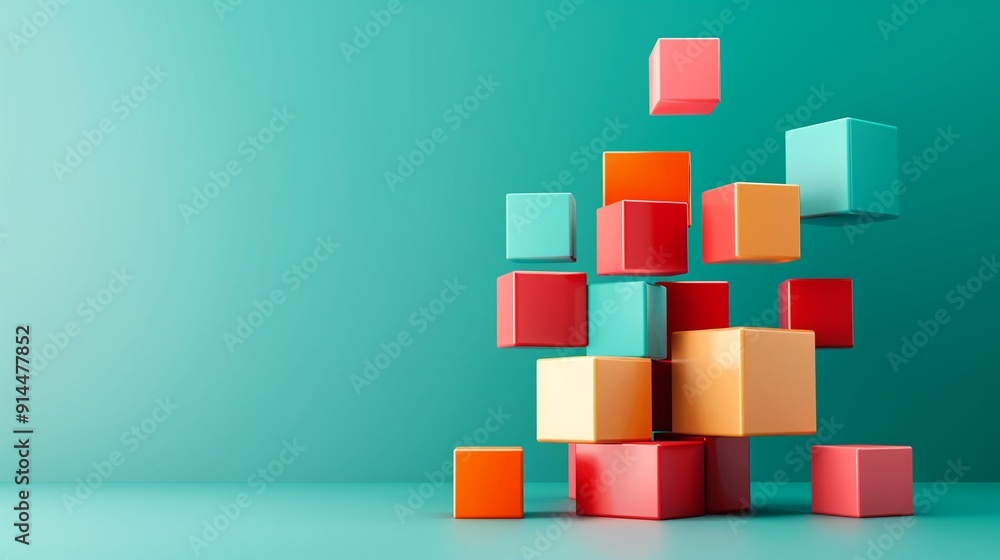 Fototapeta premium Stacked cubes with prominent words illustrated on their surfaces, highlighting the interplay between text and 3D shapes in a creative visual display 8K , high-resolution, ultra HD,up32K HD