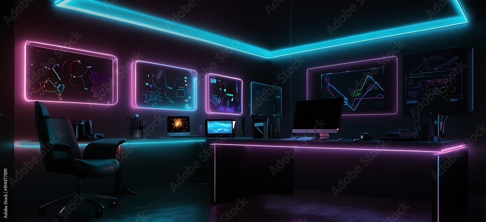 Future Robotic gamer room with colorful neon lights Future Robotic gamer room with colorful neon lights