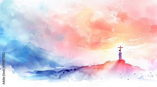 Calvary Christian worship background jesus christ crucifixion resurrection abstract landscape watercolor heaven faith god religious easter sunday church spiritual banner savior cross bible belief