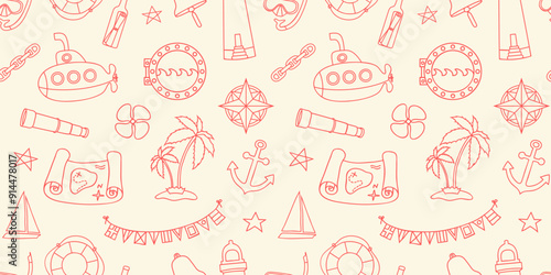 Nautical style seamless background with hand drawn elements in line art style. Endless pattern for baby shower invitations, children toys packaging paper, boy room wallpaper. Vector illustration