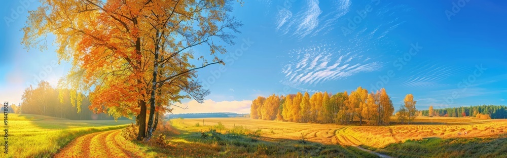 Naklejka premium Autumnal Landscape with Golden Trees and a Sunny Sky