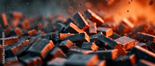 Piles of bricks and debris in a cascading fall, emphasizing the decline with a focus on destruction and the downward trajectory of the scattered pile 8K , high-resolution, ultra HD,up32K HD photo