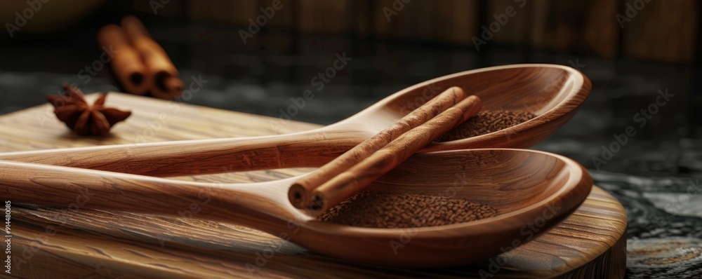 Wooden spoon with cinnamon sticks, 4K hyperrealistic photo Wooden spoon with cinnamon sticks, 4K hyperrealistic photo