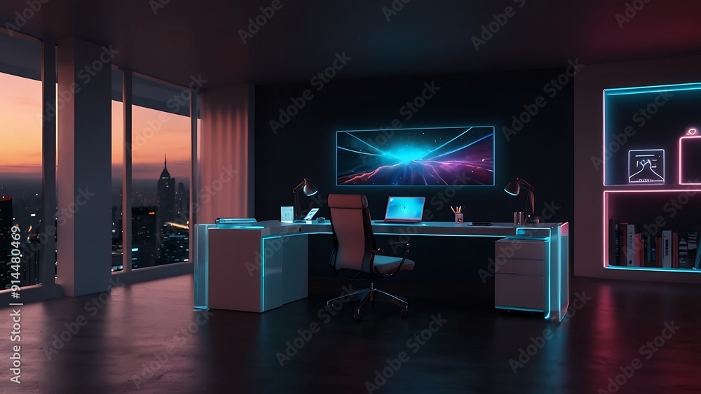 Future Robotic gamer room with colorful neon lights Future Robotic gamer room with colorful neon lights