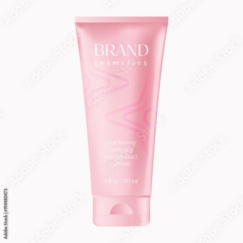 Pink vector realistic 3D mockup illustration of cosmetic cream tube packaging on a white background. Container lotion, serum, bottle Skincare Shampoo Gel product for advertisement or website ad text 