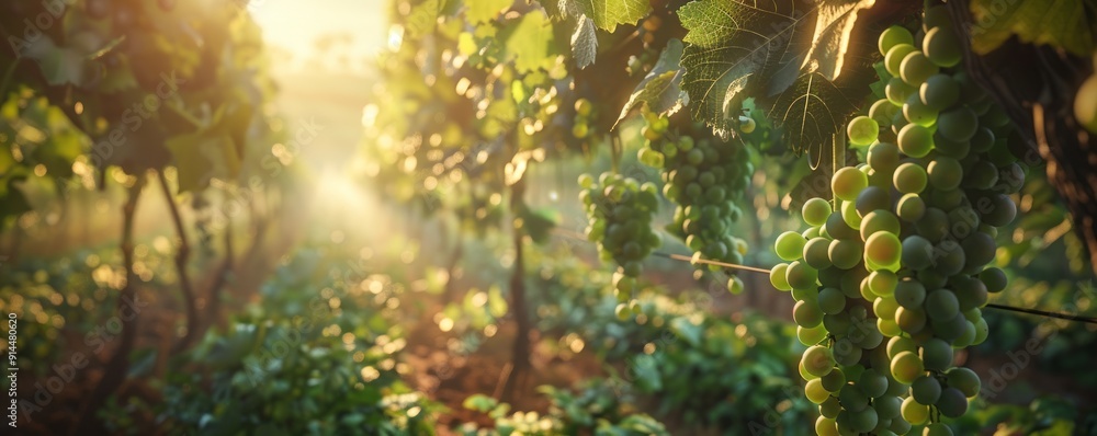 Fototapeta premium Vineyard with grapevines heavy with fruit, bathed in warm sunlight, 4K hyperrealistic photo