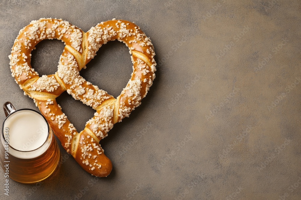Traditional German Pretzel and Beer Mug on Textured Background for Oktoberfest Celebration Traditional German Pretzel and Beer Mug on Textured Background for Oktoberfest Celebration