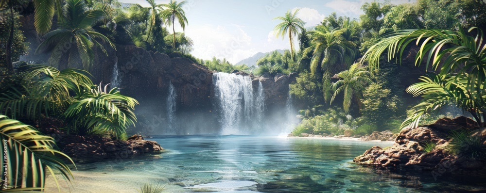Tropical island paradise with a secluded lagoon and cascading waterfall, 4K hyperrealistic photo Tropical island paradise with a secluded lagoon and cascading waterfall, 4K hyperrealistic photo