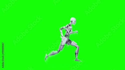 cyber girl is running in side view on green chroma key