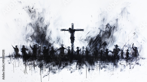 Crucifixion Jesus Christ cross Christianity faith religion Christian God crowd people abstract art black and white artwork contemporary fine art painting artistic artistic expression spiritual concept
