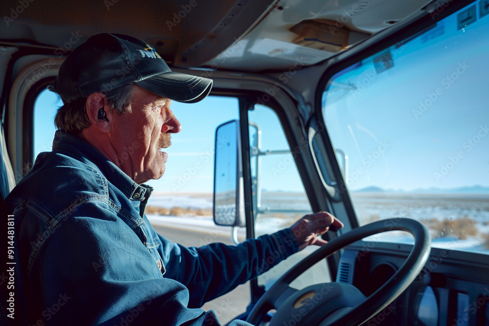 A man in a blue jacket is driving a truck A man in a blue jacket is driving a truck