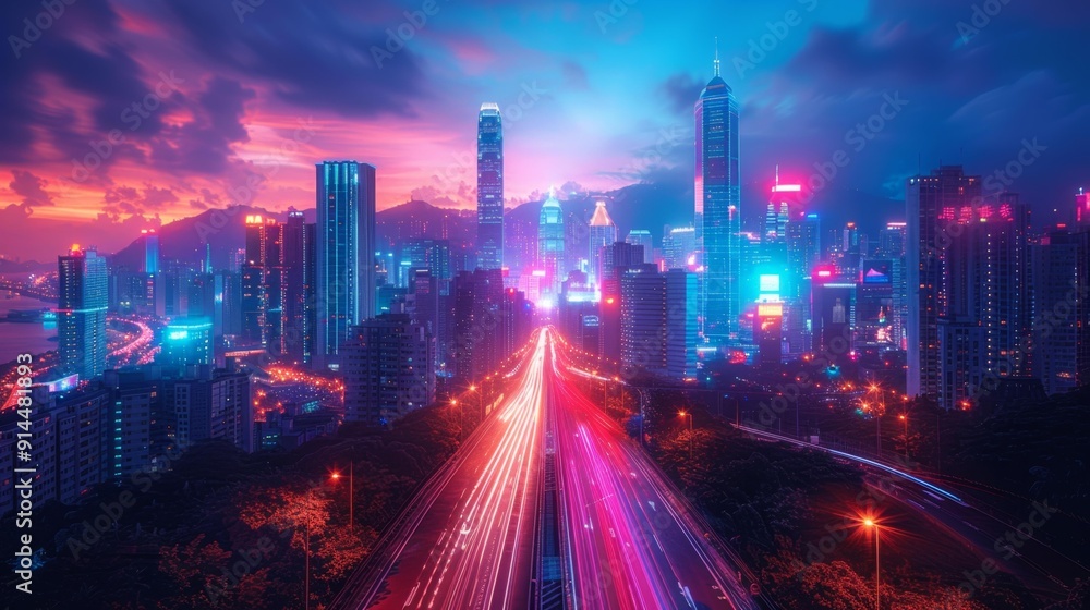 Fototapeta premium Futuristic cityscape at night with neon lights - generative ai