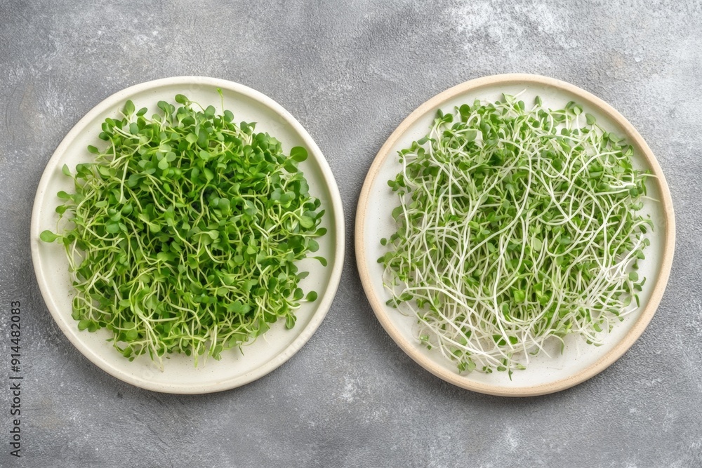 Fresh Microgreens on Ceramic Plates on a Gray Concrete Background Fresh Microgreens on Ceramic Plates on a Gray Concrete Background