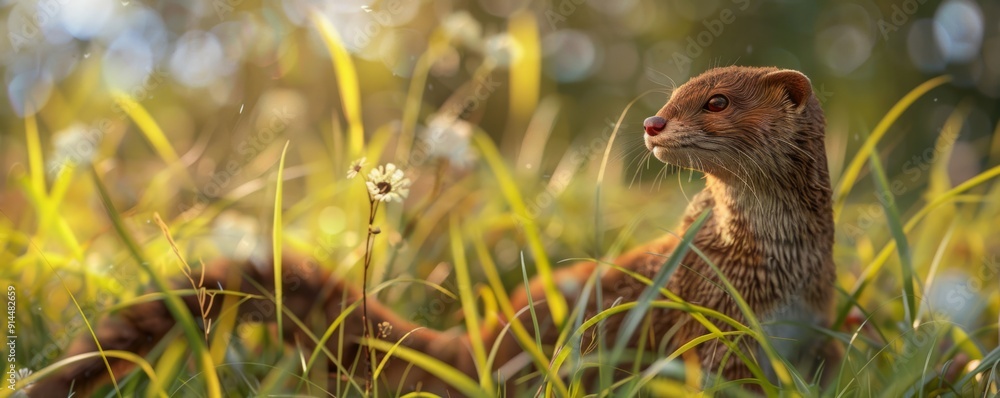 Obraz premium Sleek weasel in the grass, 4K hyperrealistic photo