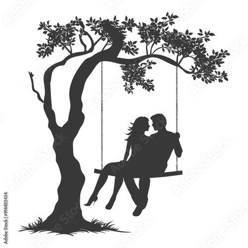 Silhouette Couple Romantically Sharing a Tree Swing