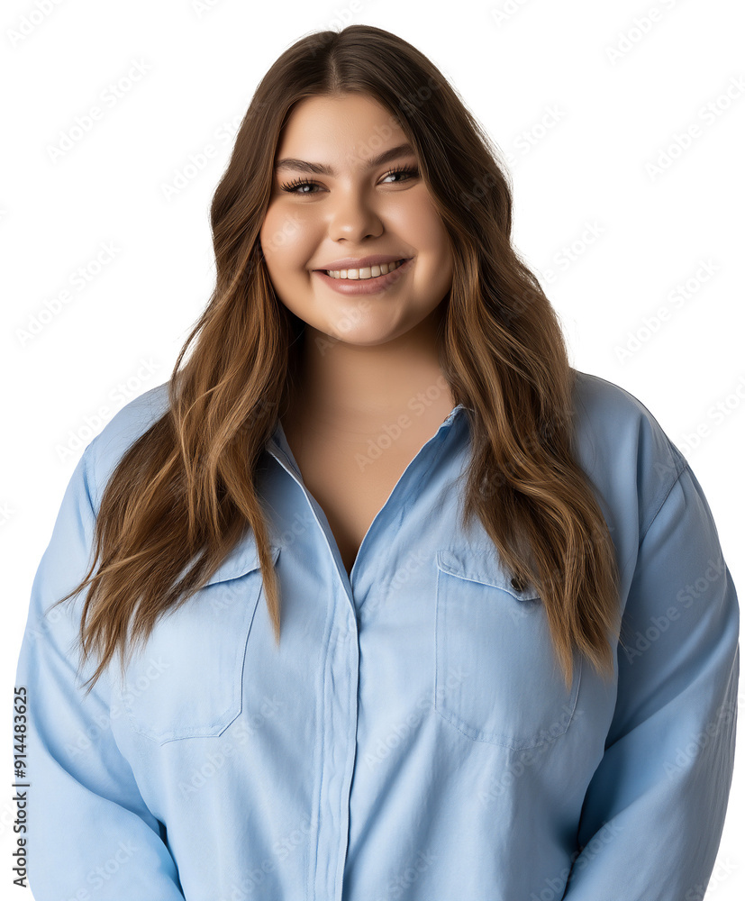 Portrait of young plus-size Caucasian woman wearing blue shirt and smiling, transparent background, cut out Portrait of young plus-size Caucasian woman wearing blue shirt and smiling, transparent background, cut out