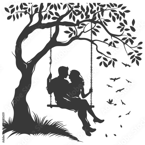 Silhouette Couple Romantically Sharing a Tree Swing, Birds in Flight
