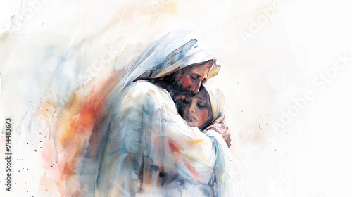 Watercolor painting Jesus comforting woman love compassion faith Christianity God hope peace spiritual religious forgiveness grace tenderness empathy sensitivity