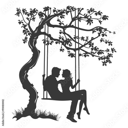 Silhouette Couple Romantically Sharing a Tree Swing
