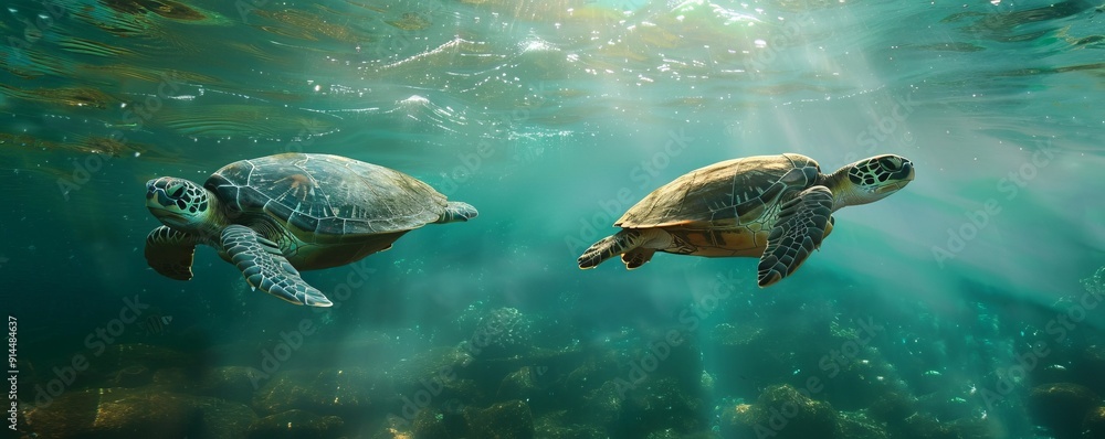 Obraz premium Playful sea turtles swimming gracefully, 4K hyperrealistic photo