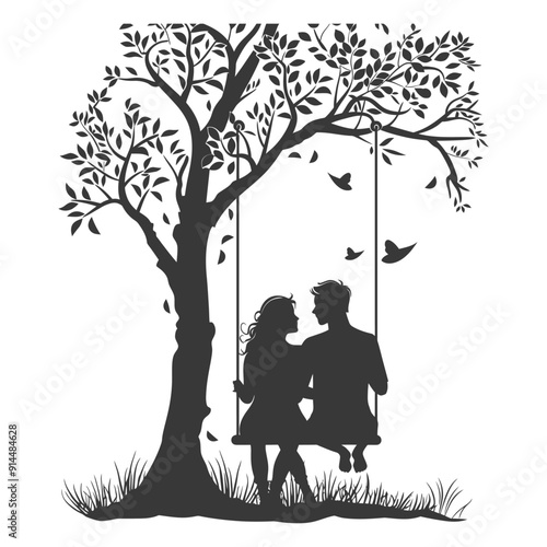 Silhouette Couple Romantically Sharing a Tree Swing, Butterflies Dancing