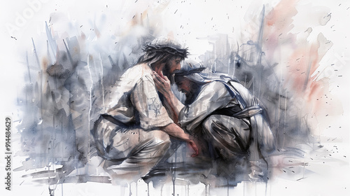 Watercolor painting depicting Jesus Christ comforting a grieving man faith empathy compassion God love support hope religion spirituality christianity bible gospel new testament illustration artwork